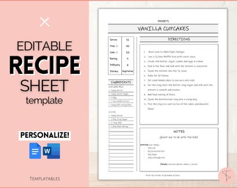 EDITABLE Recipe Sheet Template, Recipe Book template, Recipe Cards, Minimal Recipe Binder, 8.5x11 Printable Farmhouse, Food Planner Journal