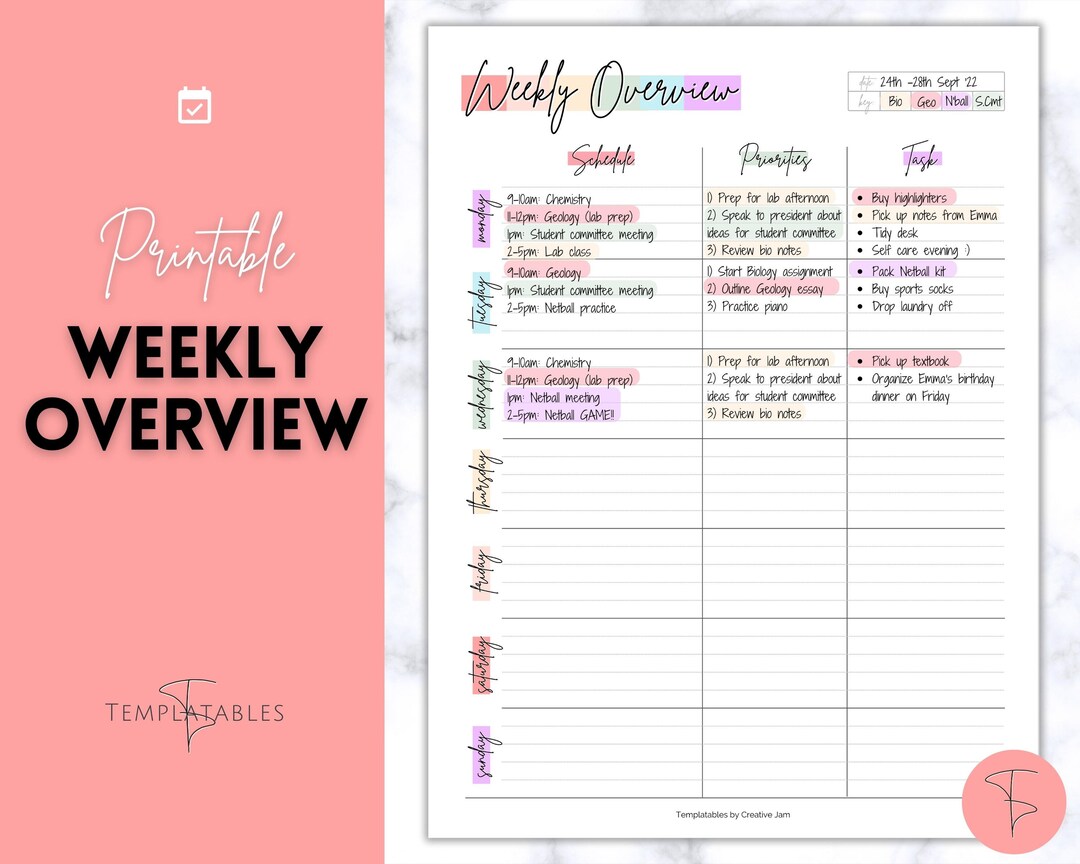 Student Planner, Printable College Weekly Schedule, College Student ...