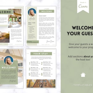 May include: A welcome guide for guests with a green and white color scheme. The guide includes a welcome message, information about the host, tips for the stay, and a section for adding additional information. The guide is designed to be used as a template for welcoming guests to a property.