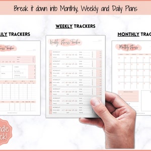 May include: A printable bundle of fitness trackers for daily, weekly, and monthly planning. The trackers feature a pink watercolor design and include sections for workouts, goals, and notes.