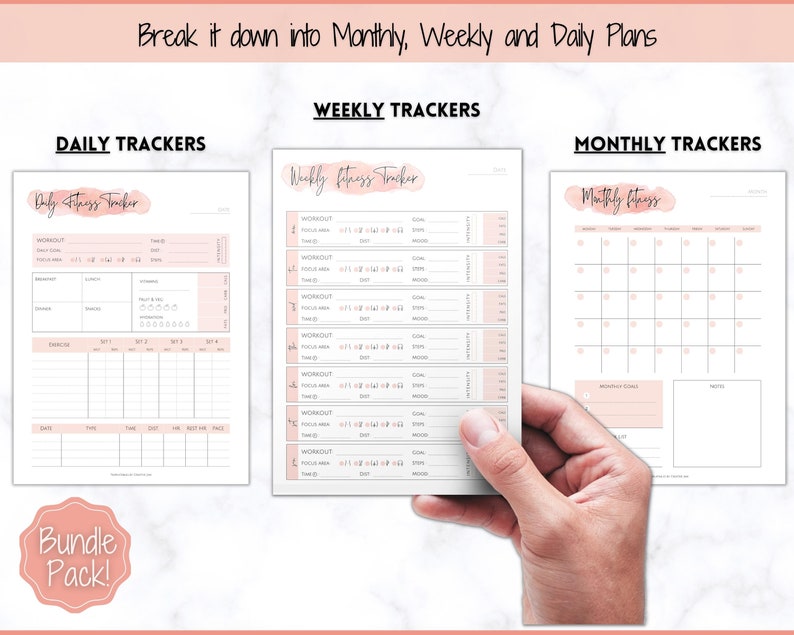 May include: A printable bundle of fitness trackers for daily, weekly, and monthly planning. The trackers feature a pink watercolor design and include sections for workouts, goals, and notes.