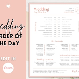 Wedding Day Timeline Template, EDITABLE order of events, Wedding Timeline, Wedding Schedule, Wedding Day Timeline, wedding itinerary program