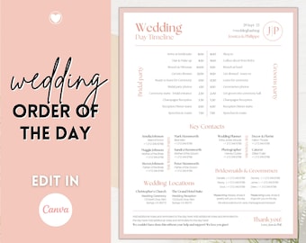 Wedding Day Timeline Template, EDITABLE order of events, Wedding Timeline, Wedding Schedule, Wedding Day Timeline, wedding itinerary program