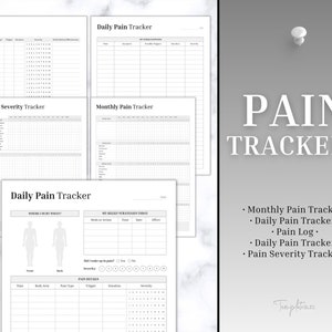 K&ouml;nnte beinhalten: Ein Satz druckbarer Schmerz-Tracker zum Verfolgen von Schmerzpegeln, Ausl&ouml;sern und Entlastungsstrategien. Die Tracker umfassen einen t&auml;glichen Schmerz-Tracker, einen monatlichen Schmerz-Tracker, ein Schmerzprotokoll und einen Schmerzschweregrad-Tracker.