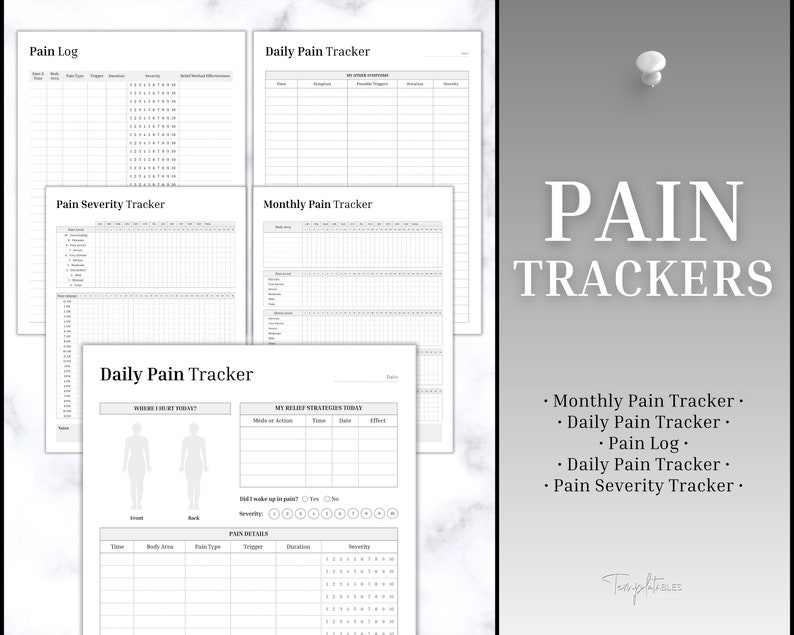 K&ouml;nnte beinhalten: Ein Satz druckbarer Schmerz-Tracker zum Verfolgen von Schmerzpegeln, Ausl&ouml;sern und Entlastungsstrategien. Die Tracker umfassen einen t&auml;glichen Schmerz-Tracker, einen monatlichen Schmerz-Tracker, ein Schmerzprotokoll und einen Schmerzschweregrad-Tracker.
