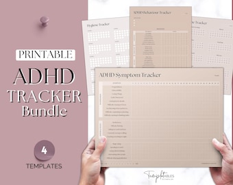 May include: A printable ADHD tracker bundle with four templates. The templates are beige with black text and include a hygiene tracker, a behaviour tracker, a symptom tracker, and a monthly calendar tracker.