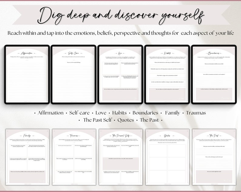 May include: A digital journal with prompts for self-discovery. The prompts include affirmations, self-care, love, habits, boundaries, family, traumas, the past self, quotes, and the past. The journal is designed to help people explore their emotions, beliefs, and perspectives.