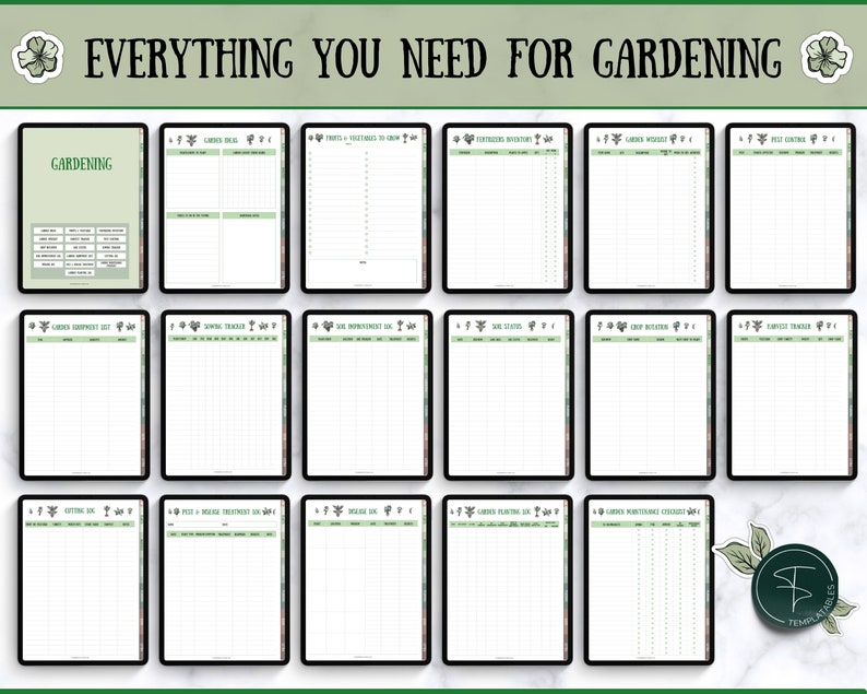 May include: A printable gardening planner with 16 pages of checklists and trackers. The pages are designed with a green and white color scheme and feature floral illustrations. The planner includes sections for garden inventory, soil improvement, crop rotation, and more.