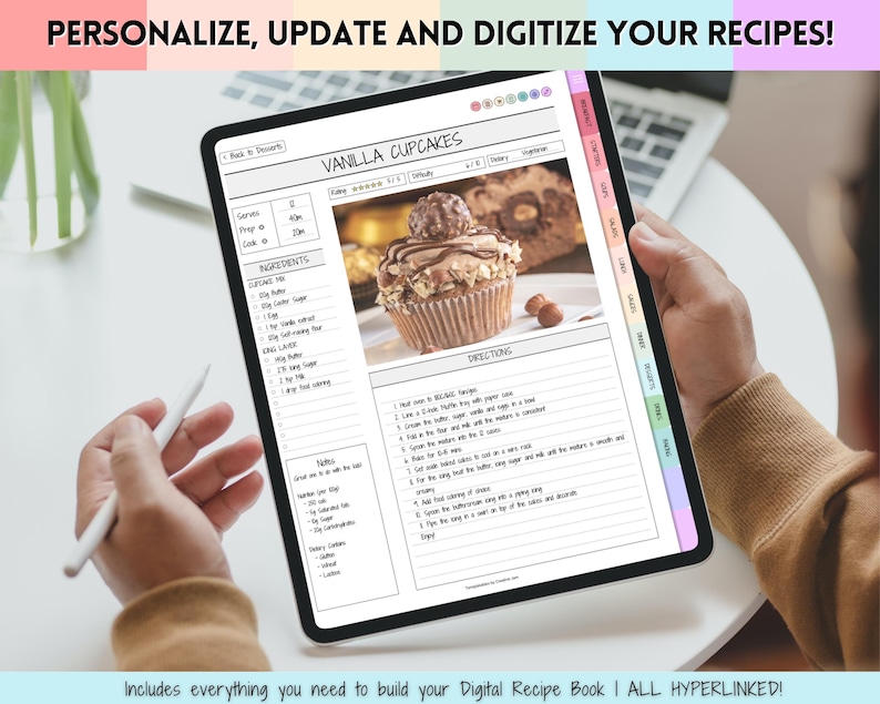 K&ouml;nnte beinhalten: Eine digitale Rezeptbuchvorlage auf einem Tablet-Bildschirm, die ein Rezept f&uuml;r Vanille-Cupcakes mit einem Foto des fertigen Produkts zeigt. Das Rezept enth&auml;lt Zutaten, Anweisungen und Notizen. Der Text auf dem Bildschirm lautet "PERSONALISIEREN, AKTUALISIEREN UND DIGITALISIEREN SIE IHRE REZEPTE!" und "VANILLE-CUPCAKES".