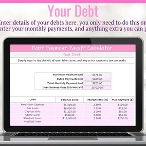 May include: A computer screen displaying a debt payment payoff calculator with a pink background. The calculator has fields for entering loan details, balance owed, interest rate, and minimum payment. The calculator also displays a total monthly payment and a debt balance date.