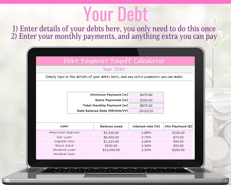 May include: A computer screen displaying a debt payment payoff calculator with a pink background. The calculator has fields for entering loan details, balance owed, interest rate, and minimum payment. The calculator also displays a total monthly payment and a debt balance date.