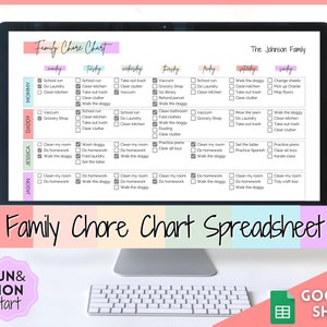 May include: A printable chore chart spreadsheet for a family with the title "Family Chore Chart Spreadsheet" and the text "The Johnson Family" at the top. The chart is divided into days of the week and family members, with chores listed for each day and person. The chart is designed to be used with Google Sheets.