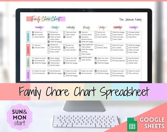 Chore Chart SPREADSHEET, Editable Family Planner Printable, Colorful Weekly Family Schedule, Calendar, Command Center, Household Kid Adult