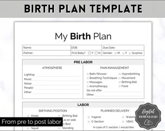 Birth Plan Template, Printable Birth Preferences, Birthing Plan Checklist, Pregnancy Planner, Natural Birth, Hypnobirthing, Simple, Visual