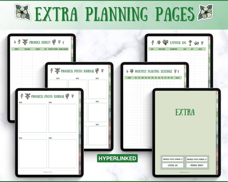 May include: A set of printable digital planner pages for gardening, featuring a green and white color scheme with floral illustrations. The pages include a produce budget, expense log, progress photo journal, and monthly planting schedule.