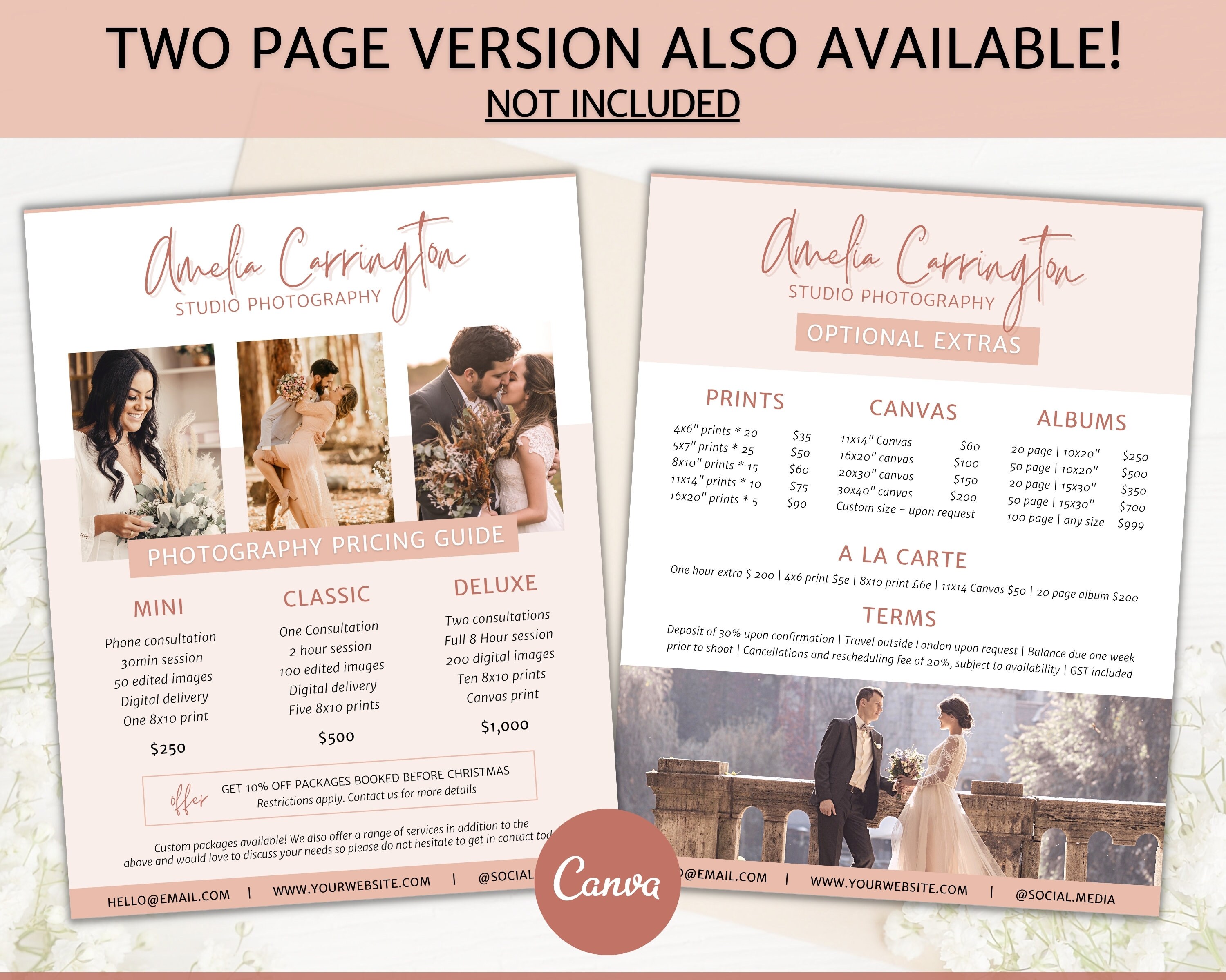 Photography Pricing Template, Pricing Guide, Photo Session Price List,  CANVA, Minis, Wedding, Photographer Business Marketing, Full Page 