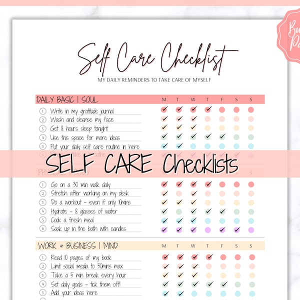 Self Care Checklist, Self-Care Planner, Selfcare Journal Tracker, Wellness Planner Printable, Daily Wellbeing, Mindfulness Mental Health Kit