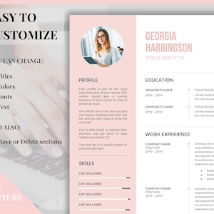 K&ouml;nnte beinhalten: Eine rosa und wei&szlig;e Lebenslaufvorlage mit dem Text "Einfach anzupassen" und "Klare Struktur". Die Vorlage enth&auml;lt Abschnitte f&uuml;r "Profil", "Ausbildung", "Berufserfahrung" und "F&auml;higkeiten".