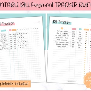 May include: Two printable bill tracker templates. The first template has a list of bills with checkboxes for each day of the month. The second template has a list of bills with checkboxes for each day of the month and a section for notes. Both templates have a pink and blue color scheme.