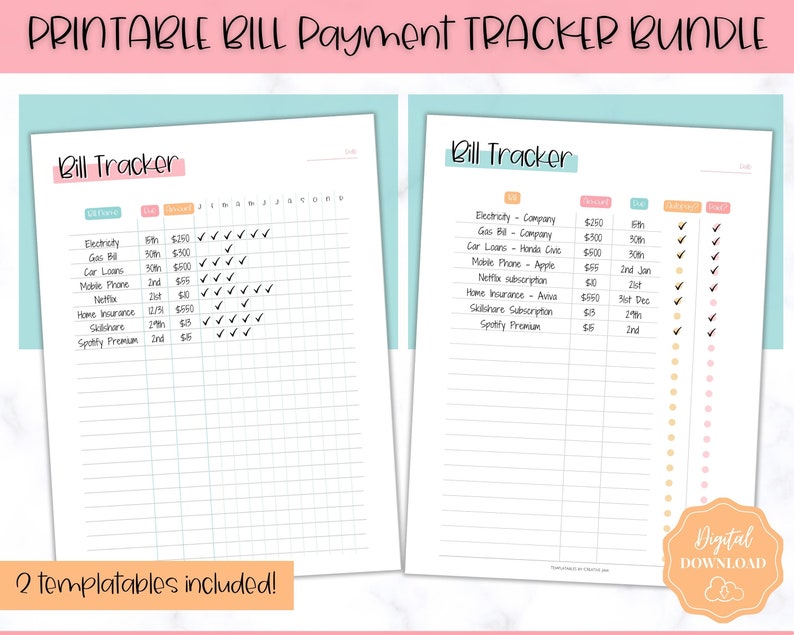 May include: Two printable bill tracker templates. The first template has a list of bills with checkboxes for each day of the month. The second template has a list of bills with checkboxes for each day of the month and a section for notes. Both templates have a pink and blue color scheme.