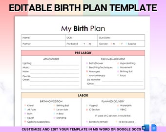EDITABLE Birth Plan Template, Birth Preferences, Birthing Plan Checklist, Pregnancy Planner, Natural Birth, Hypnobirthing, Simple
