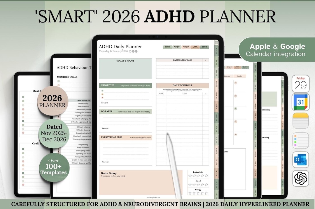 2026 ADHD Digital Planner, Green Goodnotes Daily Planner for ...