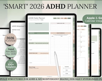 2026 ADHD Digitaler Planer, Grüner GoodNotes Tagesplaner für Neurodivergierende, Gehirndump, iPad To do Liste, Reinigung, Smart Apple Links