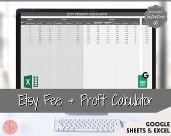 Calculadora de preços Etsy, planilha de lucro para pequenas empresas e vendedores Etsy, planilhas Excel e Google, estratégia de taxas, venda na loja Etsy