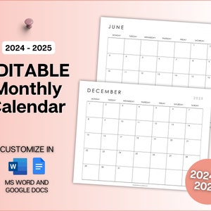 EDITABLE 2024 Monthly Calendar Template | 2024 & 2025 Included ...
