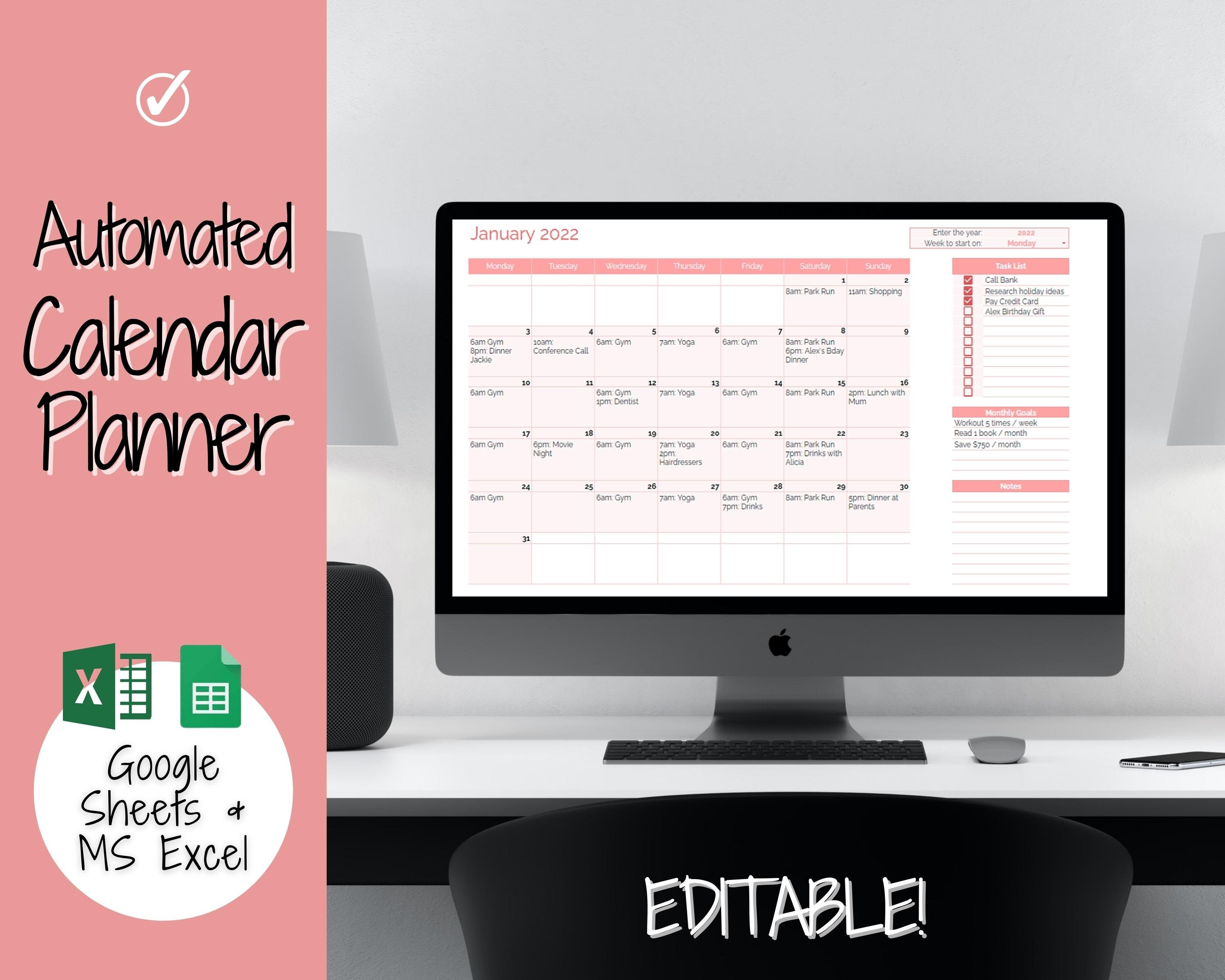 Monthly Calendar Planner Spreadsheet Automated Template | Etsy