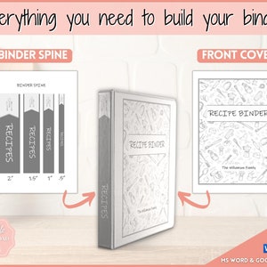 Puede incluir: Una plantilla imprimible para una carpeta de recetas, que muestra una portada con una ilustraci&oacute;n en blanco y negro de utensilios de cocina y el texto "Recipe Binder" y un lomo con la palabra "Recipes" repetida cuatro veces. La plantilla es editable en Microsoft Word y Google Docs.
