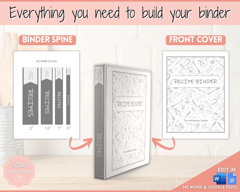 Puede incluir: Una plantilla imprimible para una carpeta de recetas, que muestra una portada con una ilustraci&oacute;n en blanco y negro de utensilios de cocina y el texto "Recipe Binder" y un lomo con la palabra "Recipes" repetida cuatro veces. La plantilla es editable en Microsoft Word y Google Docs.