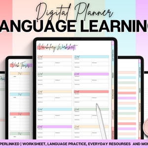 Op de afbeelding: Een digitale planner voor het leren van talen met kleurrijke tabbladen en secties voor woordenschat, werkwoordtijden, zinnen, dagelijkse bronnen en meer. De planner bevat de tekst "Digital Planner Language Learning".