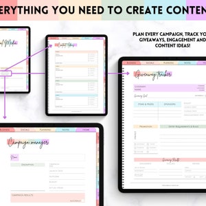 May include: A colorful planner with sections for social media, content ideas, giveaways, campaign management, and notes. The planner has a pink, blue, and green color scheme and includes a giveaway tracker and campaign manager.