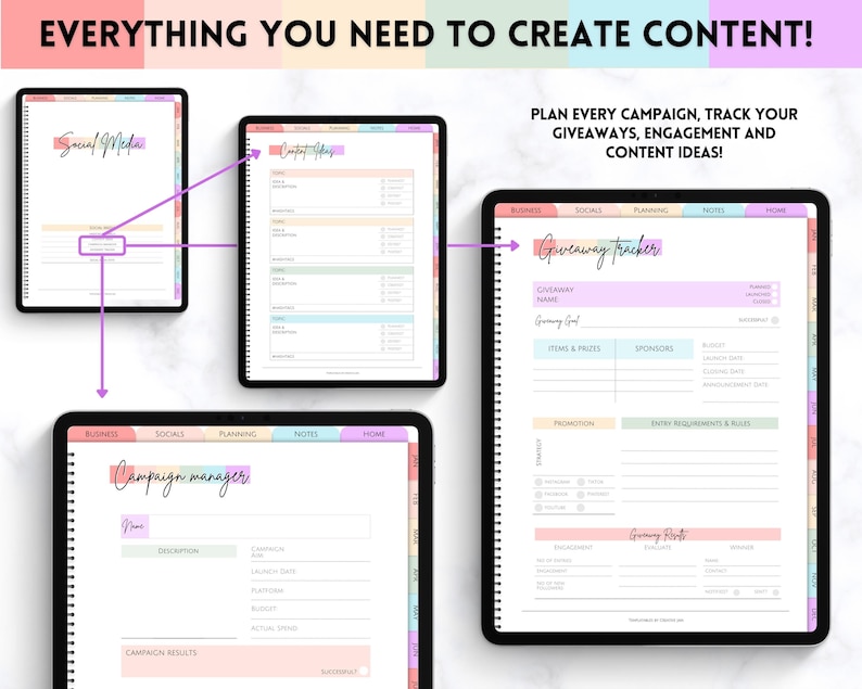 May include: A colorful planner with sections for social media, content ideas, giveaways, campaign management, and notes. The planner has a pink, blue, and green color scheme and includes a giveaway tracker and campaign manager.