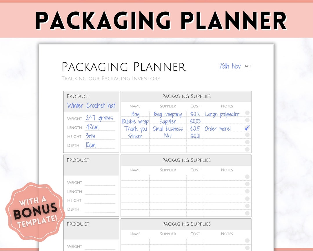 Packaging Planner Template, Small Business Plan, Packaging Supplies