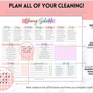 Op de afbeelding: Een afdrukbare checklist voor een schoonmaakschema met een roze, groene en blauwe kleurstelling. De checklist bevat dagelijkse, wekelijkse, maandelijkse, driemaandelijkse, halfjaarlijkse en jaarlijkse schoonmaaktaken. De checklist is verdeeld in secties voor elke dag van de week, en elke sectie bevat een lijst met schoonmaaktaken. De checklist bevat ook een kalender om schoonmaaktaken bij te houden.