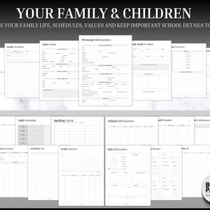 Puede incluir: Un conjunto de planificadores imprimibles para familias y ni&ntilde;os, que incluyen horarios, perfiles y rastreadores. Las p&aacute;ginas son blancas con texto negro, dise&ntilde;adas para gestionar la vida familiar y los detalles escolares. El paquete est&aacute; etiquetado como "BUNDLE PACK! TEMPLATABLES".