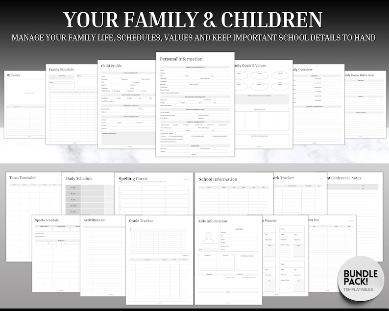 Puede incluir: Un conjunto de planificadores imprimibles para familias y ni&ntilde;os, que incluyen horarios, perfiles y rastreadores. Las p&aacute;ginas son blancas con texto negro, dise&ntilde;adas para gestionar la vida familiar y los detalles escolares. El paquete est&aacute; etiquetado como "BUNDLE PACK! TEMPLATABLES".