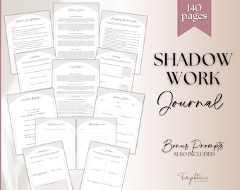 May include: A printable shadow work journal with 140 pages. The cover features a pink and white arch design with the text "Shadow Work Journal" in black. The text "Bonus Prompts Also Included" is also included in black.
