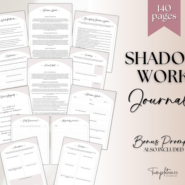 Shadow work journal pages, 100+ shadow work journal prompts, printable guided journal, inner child, anxiety, grimoire, mindfulness, therapy