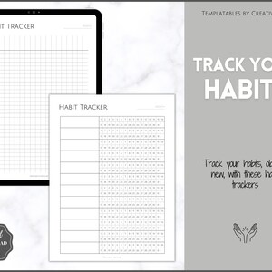 K&ouml;nnte beinhalten: Zwei druckbare Habit-Tracker-Vorlagen. Die erste Vorlage ist ein leeres Raster mit 31 Quadraten. Die zweite Vorlage hat 7 Reihen mit jeweils 31 Quadraten. Der Text "HABIT TRACKER" erscheint oben auf jeder Vorlage. Der Text "TRACK YOUR HABITS" erscheint in gro&szlig;en Buchstaben oben im Bild. Der Text "Track your habits, old and new, with these habit trackers" erscheint unter dem gro&szlig;en Text.