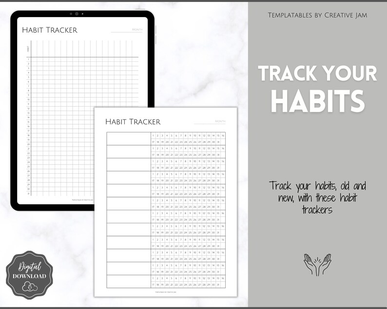 K&ouml;nnte beinhalten: Zwei druckbare Habit-Tracker-Vorlagen. Die erste Vorlage ist ein leeres Raster mit 31 Quadraten. Die zweite Vorlage hat 7 Reihen mit jeweils 31 Quadraten. Der Text "HABIT TRACKER" erscheint oben auf jeder Vorlage. Der Text "TRACK YOUR HABITS" erscheint in gro&szlig;en Buchstaben oben im Bild. Der Text "Track your habits, old and new, with these habit trackers" erscheint unter dem gro&szlig;en Text.