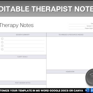 Therapist Notes, EDITABLE Therapy Note sheet, Therapist Progress Notes, Therapy Session Template, Counselling Planner, Therapy Journal Canva