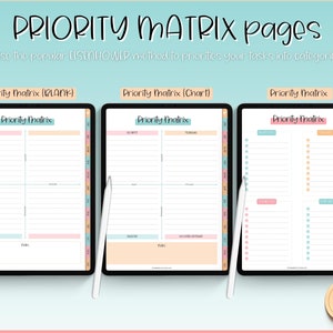 Puede incluir: Tres p&aacute;ginas de planificador digital con un esquema de color pastel. Las p&aacute;ginas se titulan "Matriz de prioridad (EN BLANCO)", "Matriz de prioridad (Gr&aacute;fico)" y "Matriz de prioridad". Cada p&aacute;gina est&aacute; dividida en cuatro cuadrantes con l&iacute;neas para escribir tareas. Las p&aacute;ginas est&aacute;n dise&ntilde;adas para ayudar a los usuarios a priorizar sus tareas utilizando la Matriz de Eisenhower.