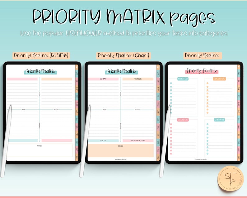 Puede incluir: Tres p&aacute;ginas de planificador digital con un esquema de color pastel. Las p&aacute;ginas se titulan "Matriz de prioridad (EN BLANCO)", "Matriz de prioridad (Gr&aacute;fico)" y "Matriz de prioridad". Cada p&aacute;gina est&aacute; dividida en cuatro cuadrantes con l&iacute;neas para escribir tareas. Las p&aacute;ginas est&aacute;n dise&ntilde;adas para ayudar a los usuarios a priorizar sus tareas utilizando la Matriz de Eisenhower.