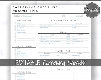 Caregiving Elderly Care Checklist. EDITABLE Printable is ideal for Caregivers. Daily cleaning, Daily Tasks, Housekeeping, Care log Template