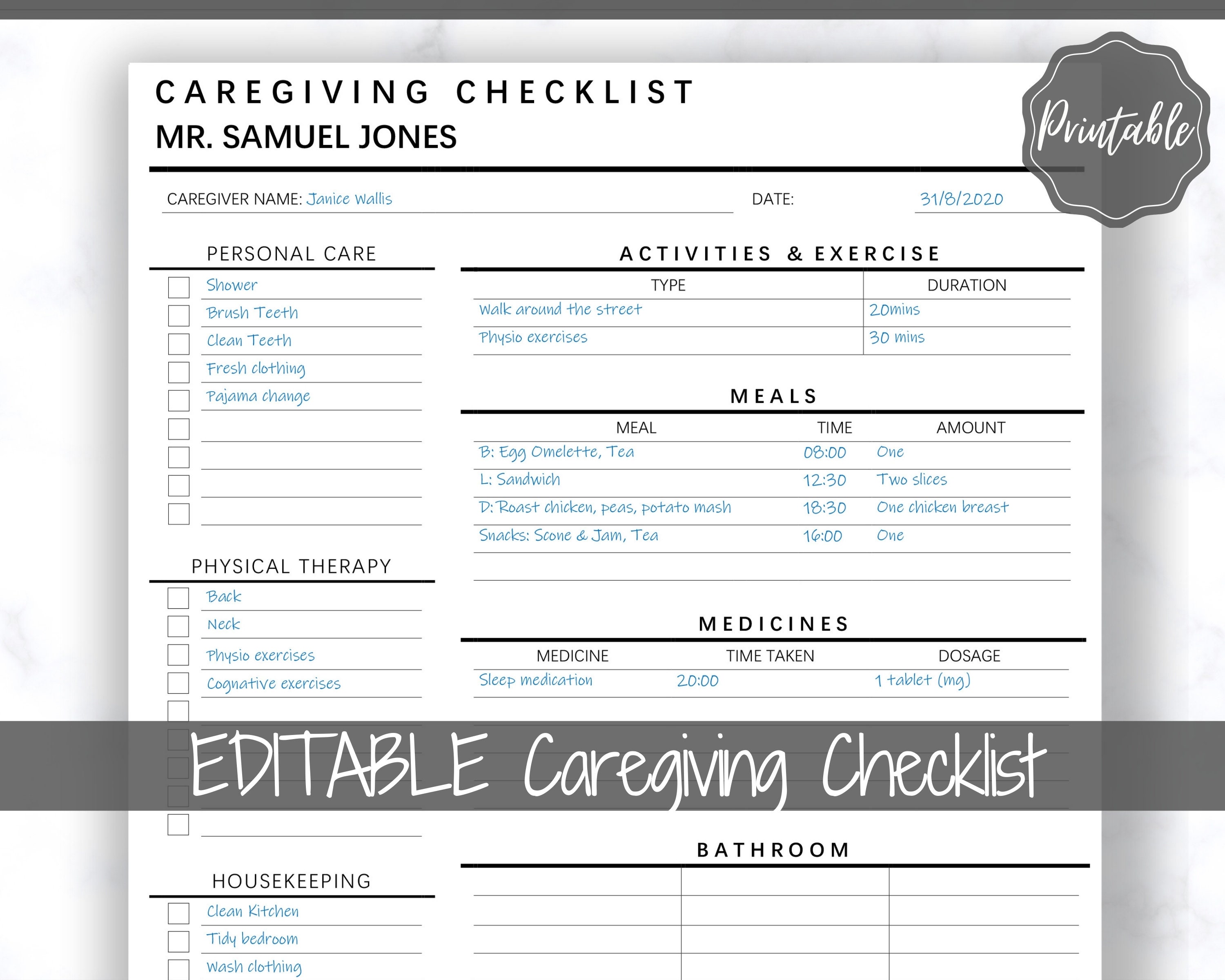 Free Printable Caregiver Daily Checklist Elderly Printable Form