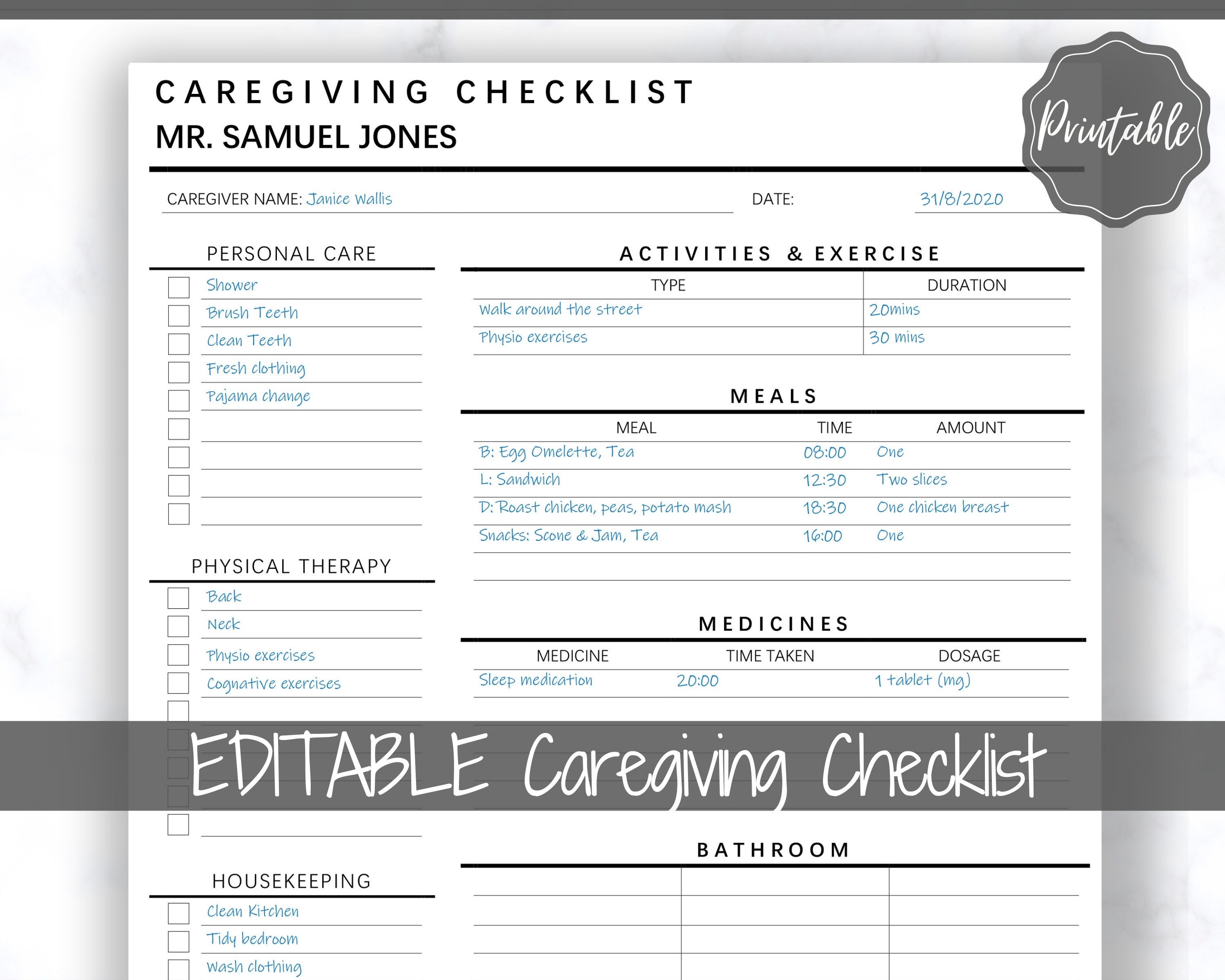 Free Printable Caregiver Daily Checklist Template Printable Templates