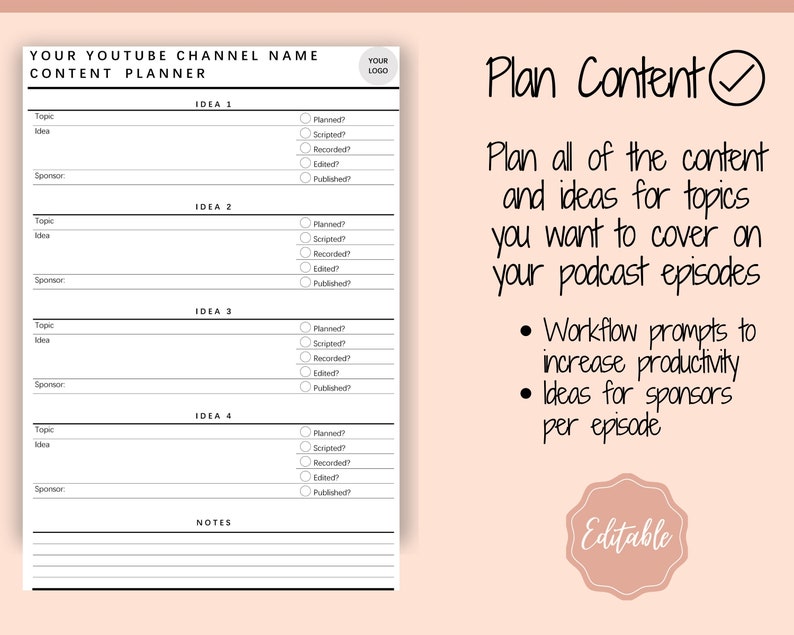 Youtube Planner Video Planner Social Media Content Calendar Etsy UK